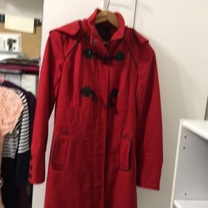 Red Coat with black buttons and detached hood